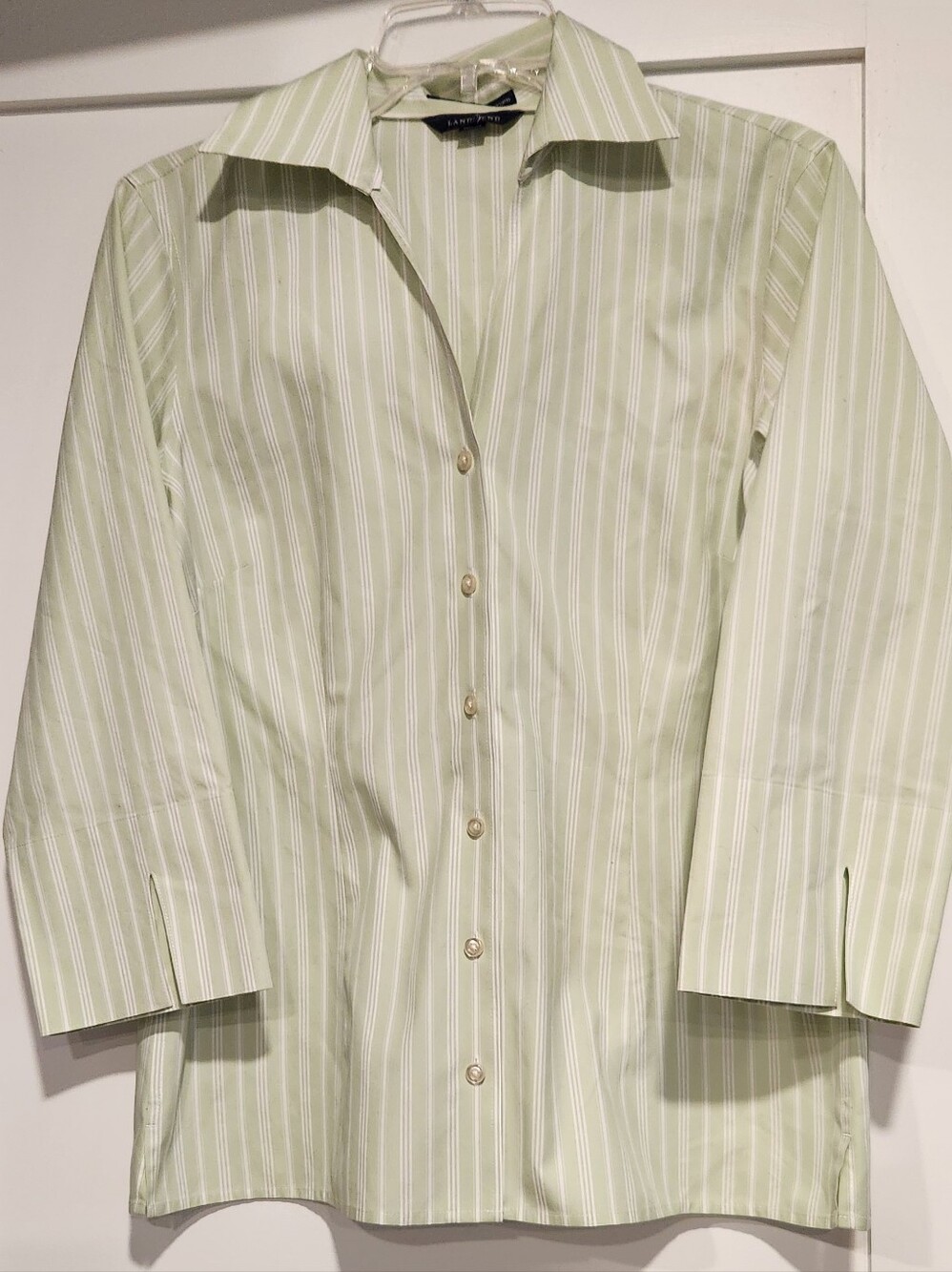 Lands' End Pinpoint Oxford No Iron Striped Blouse - Green/White Size 6